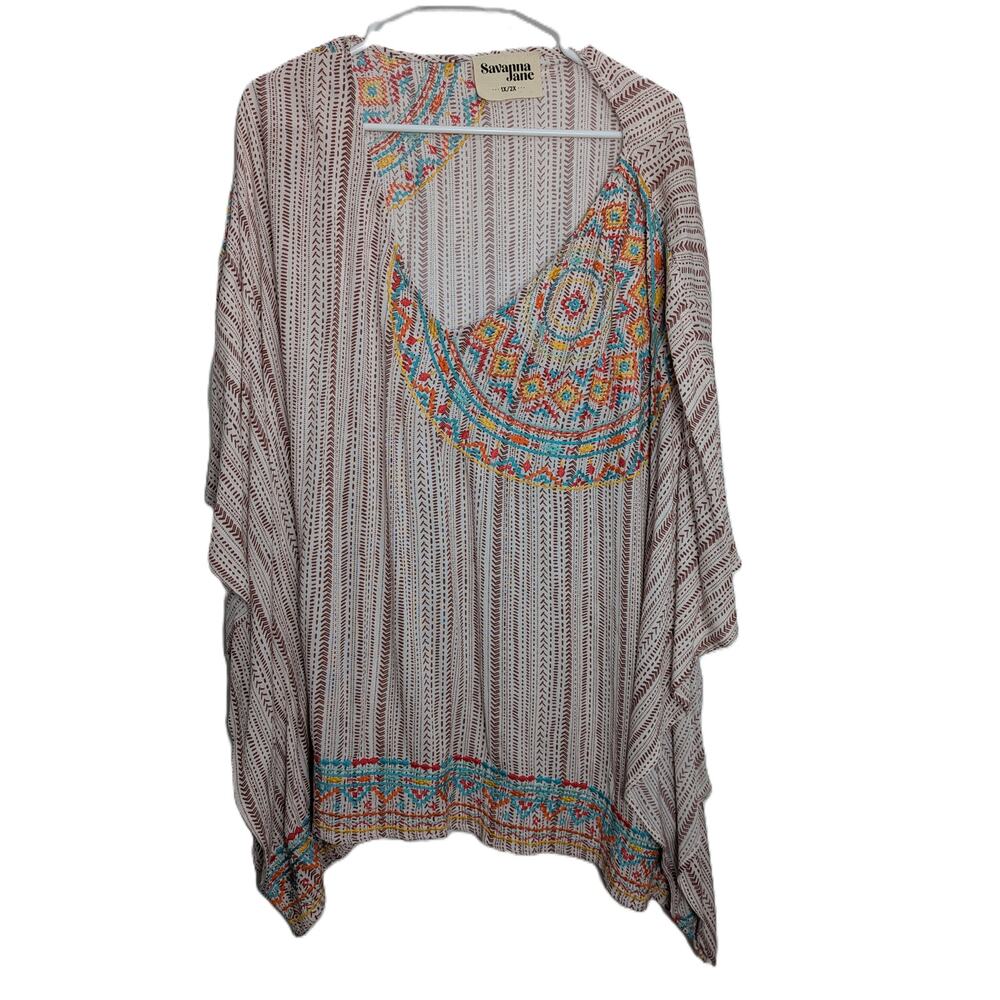 Savannah Jane Embroidered Tunic Top Women's Bat Wing/Kimono Sleeve V Neck  1X/2X